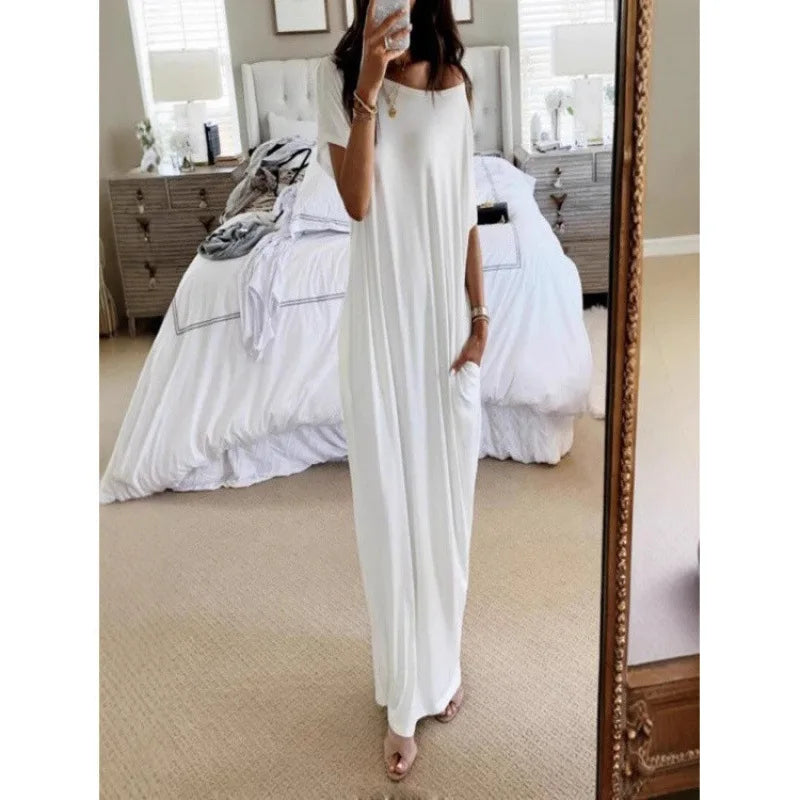 Women'S off Shoulder Loose Slimming Extra Long Maxi Dress Comfortable Breathable Versatile Commute Lazy Style Floor Length Dress