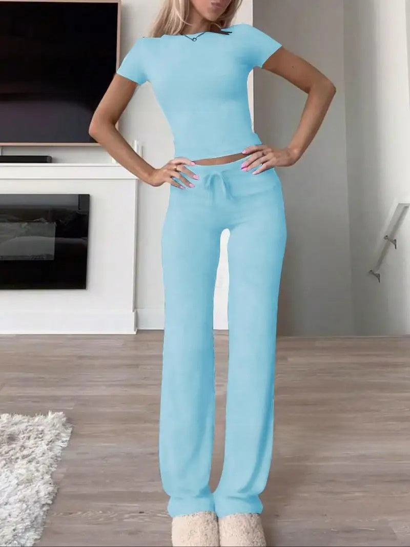Knit Crop Tee & Drawstring Pants Two-Piece Set