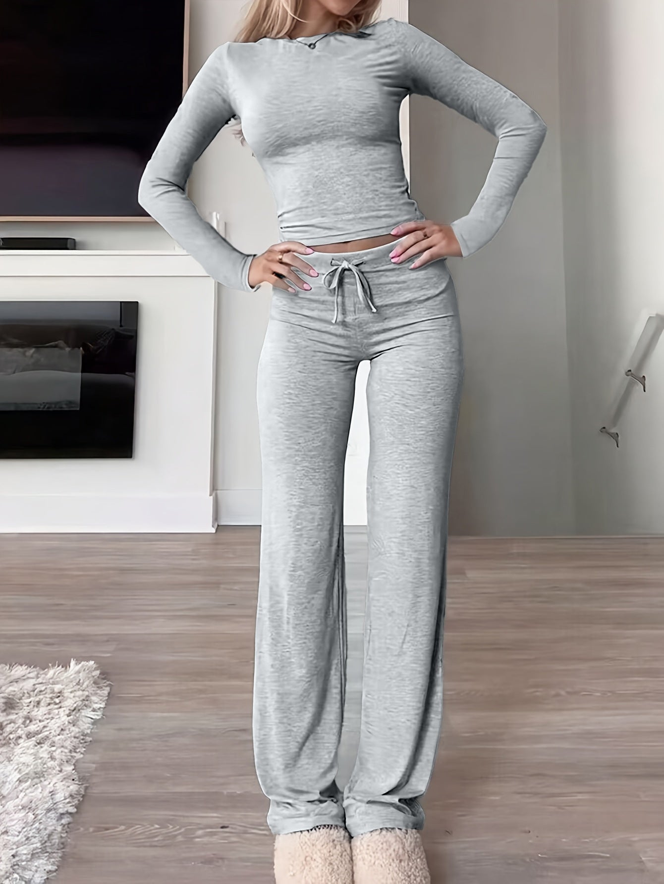 Knit Crop Tee & Drawstring Pants Two-Piece Set