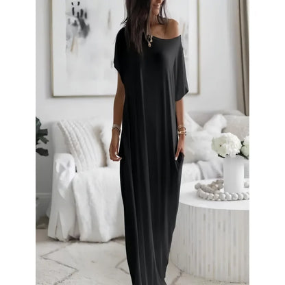 Women'S off Shoulder Loose Slimming Extra Long Maxi Dress Comfortable Breathable Versatile Commute Lazy Style Floor Length Dress