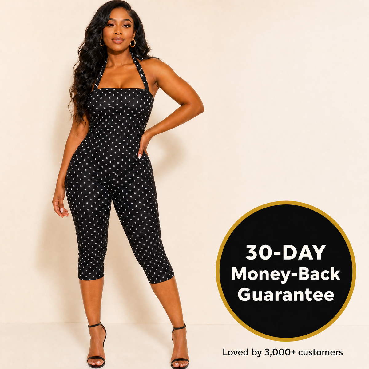 30-day money-back guarantee badge for the polka dot halter playsuit