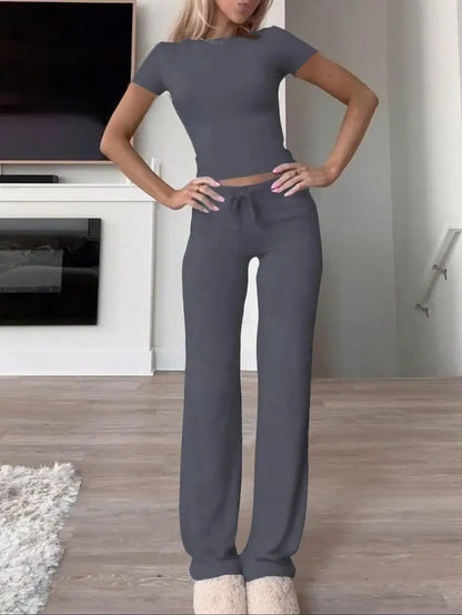 Knit Crop Tee & Drawstring Pants Two-Piece Set