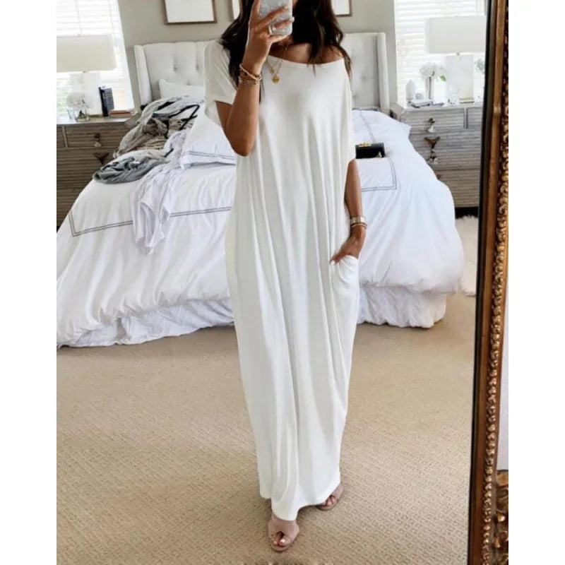 Women'S off Shoulder Loose Slimming Extra Long Maxi Dress Comfortable Breathable Versatile Commute Lazy Style Floor Length Dress