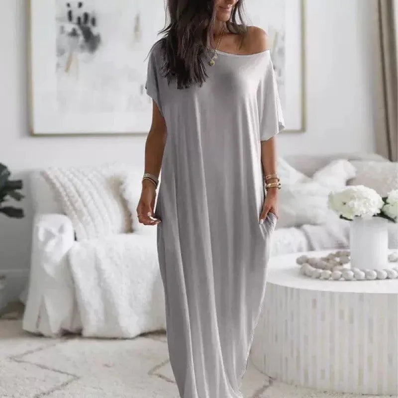 Women'S off Shoulder Loose Slimming Extra Long Maxi Dress Comfortable Breathable Versatile Commute Lazy Style Floor Length Dress