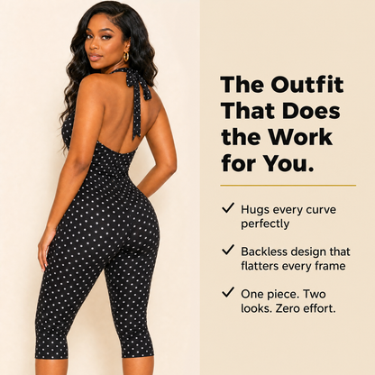Back view of black polka dot halter playsuit showing open back and adjustable halter tie at the nape