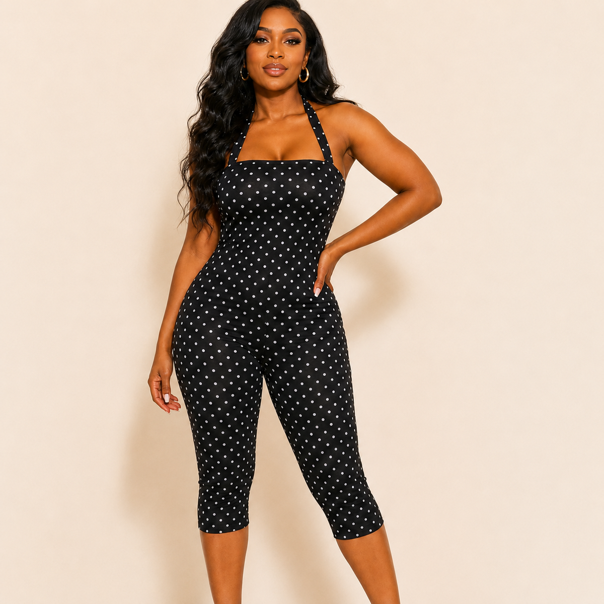Black polka dot halter playsuit, capri-length jumpsuit, front view