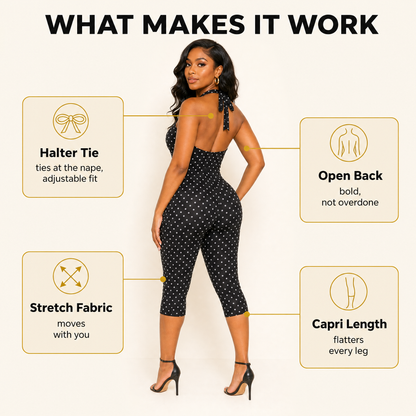Feature callouts for the black polka dot halter playsuit: halter tie, open back, stretch fabric, capri length
