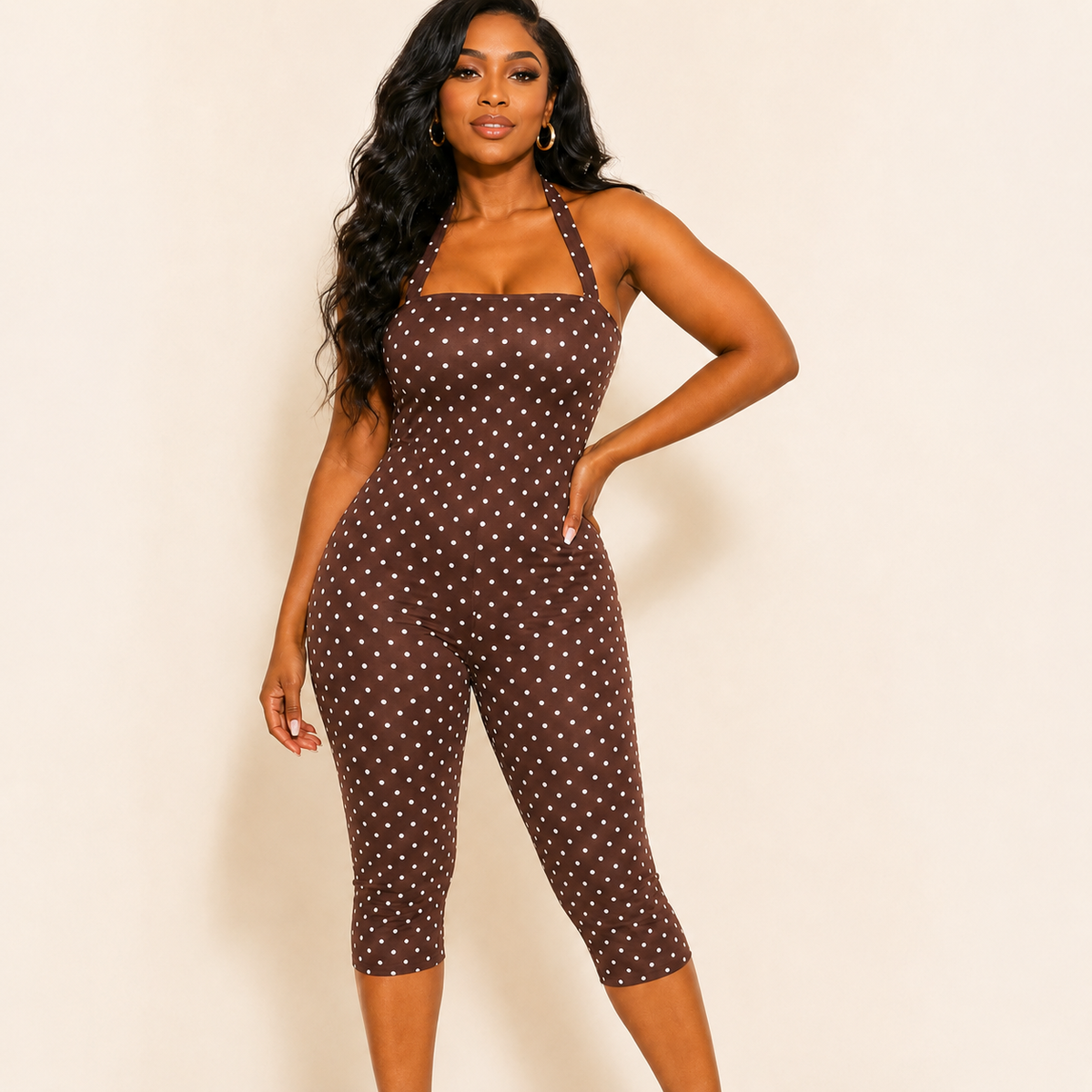 Chocolate brown polka dot halter playsuit, capri-length jumpsuit, front view