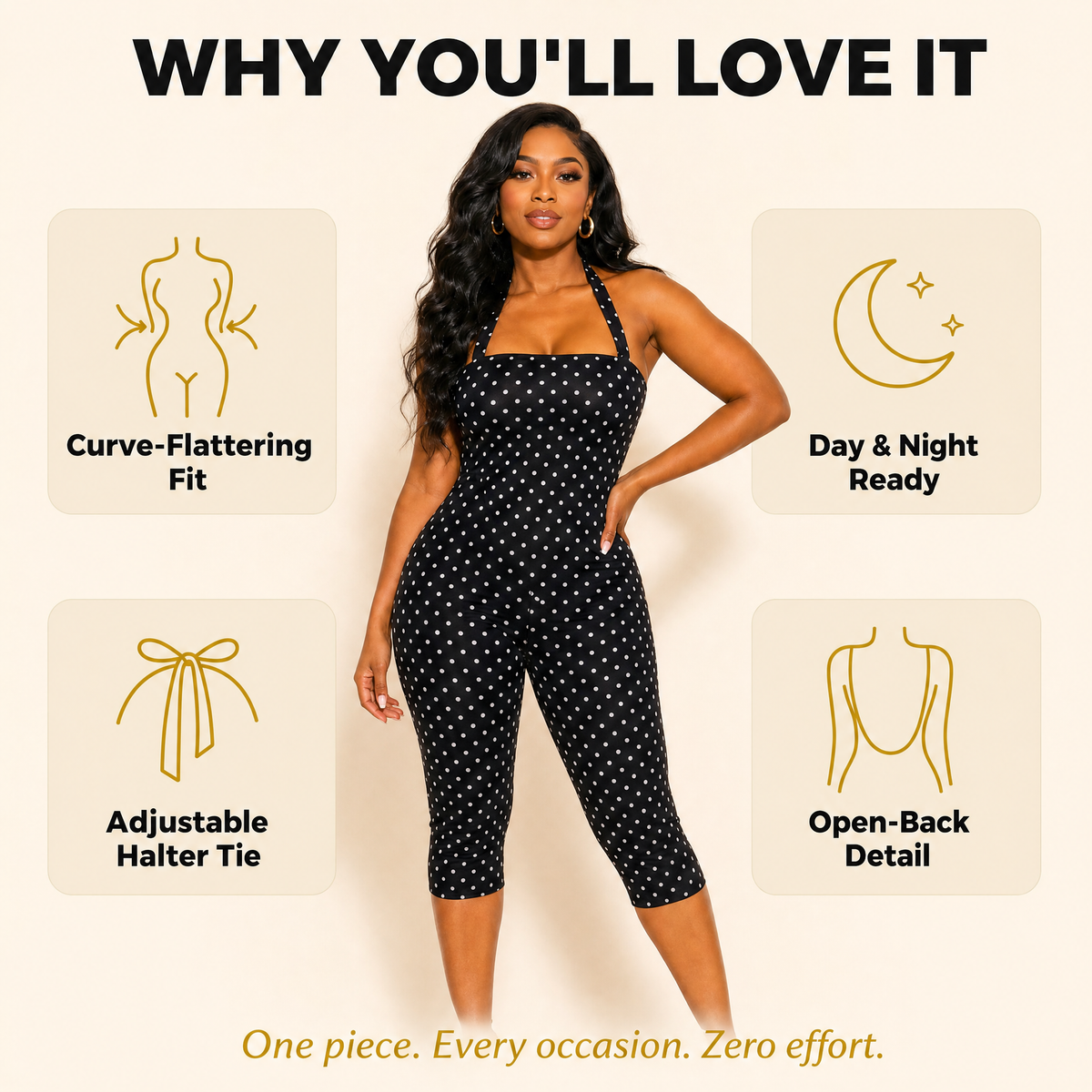 Reasons to love the polka dot halter playsuit: curve-flattering fit, day-and-night ready