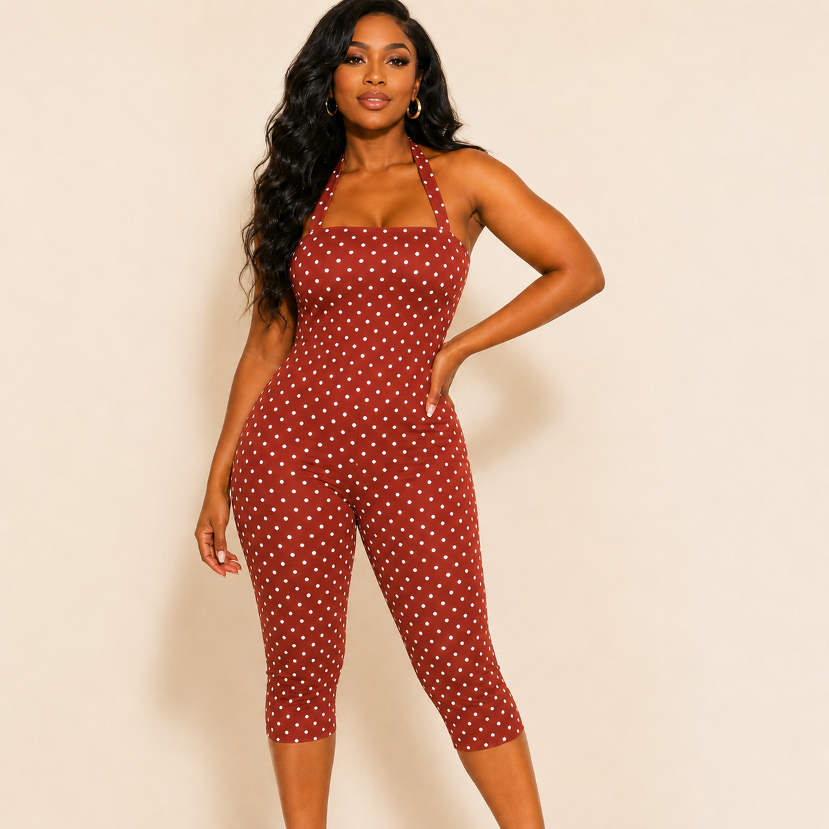 Rust red polka dot halter playsuit, capri-length jumpsuit, front view