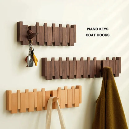 Creative Wall Mounted Wood Coat Racks with 8 Hooks Piano Key Shaped Entry Door Porch Hanging Hook Art Hats Organizer Keys