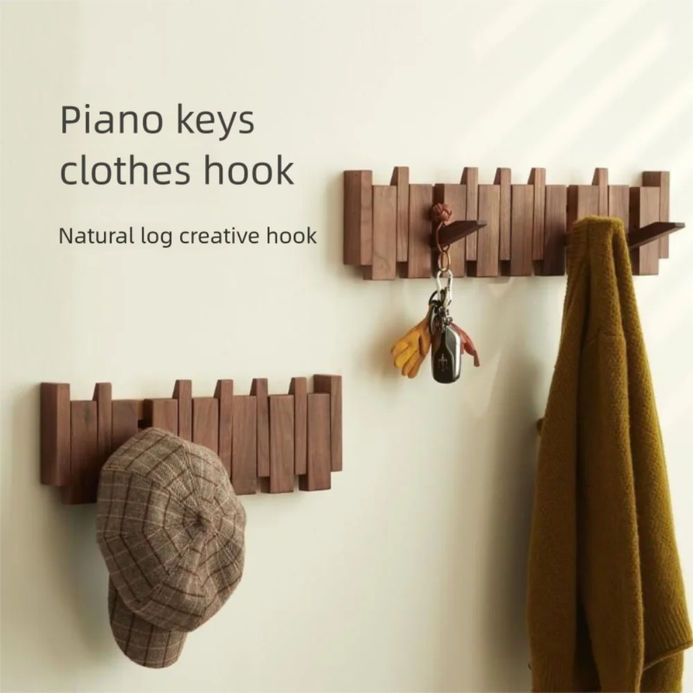 Creative Wall Mounted Wood Coat Racks with 8 Hooks Piano Key Shaped Entry Door Porch Hanging Hook Art Hats Organizer Keys