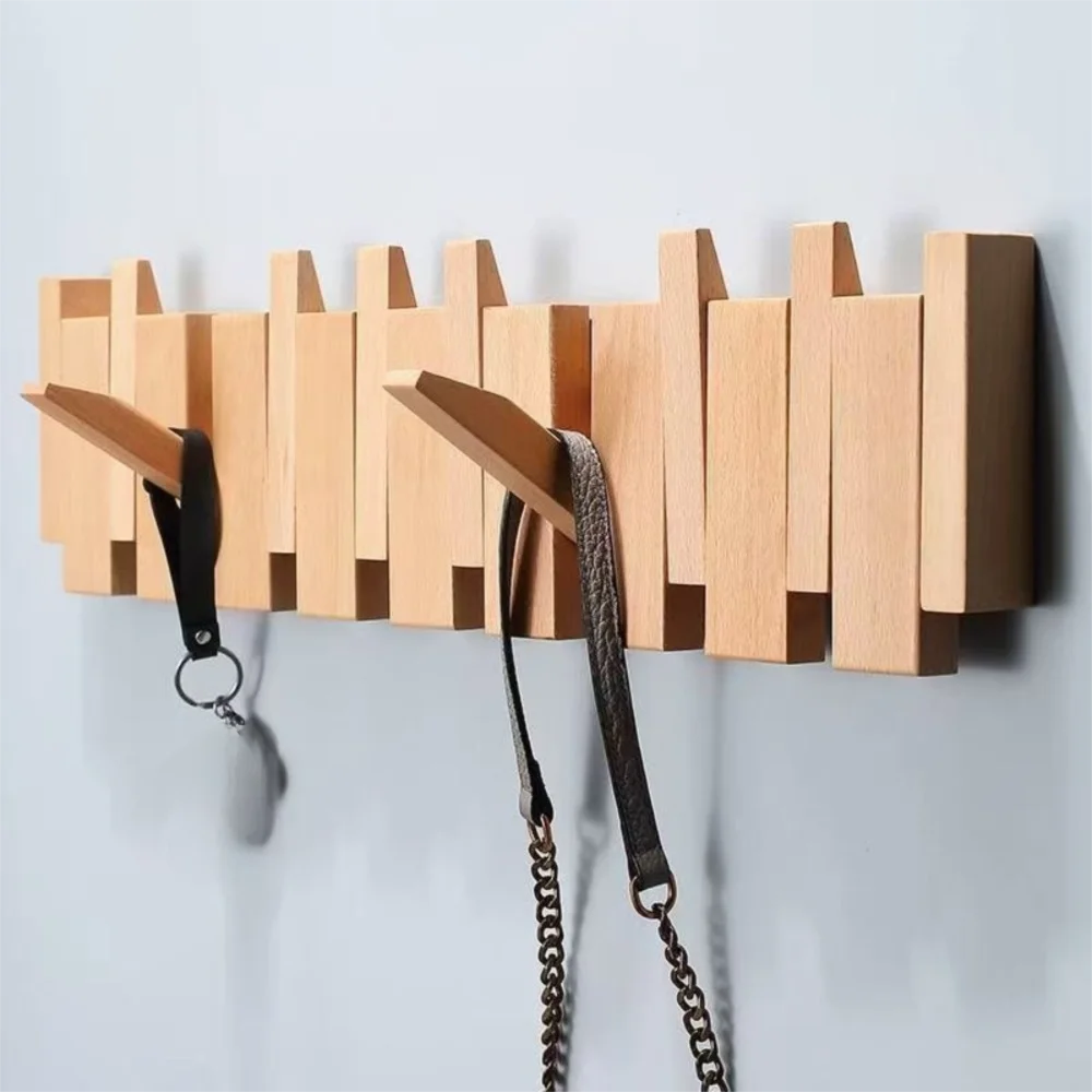 Creative Wall Mounted Wood Coat Racks with 8 Hooks Piano Key Shaped Entry Door Porch Hanging Hook Art Hats Organizer Keys