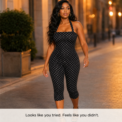 Woman wearing black polka dot halter playsuit walking on a city street at golden hour
