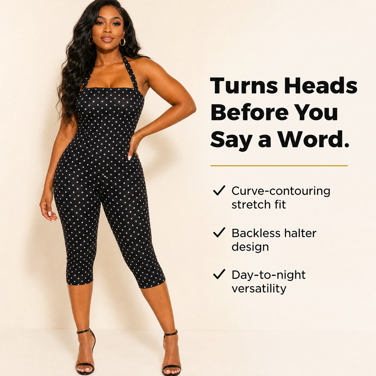 Woman wearing black polka dot halter playsuit with curve-contouring stretch fit and open back design