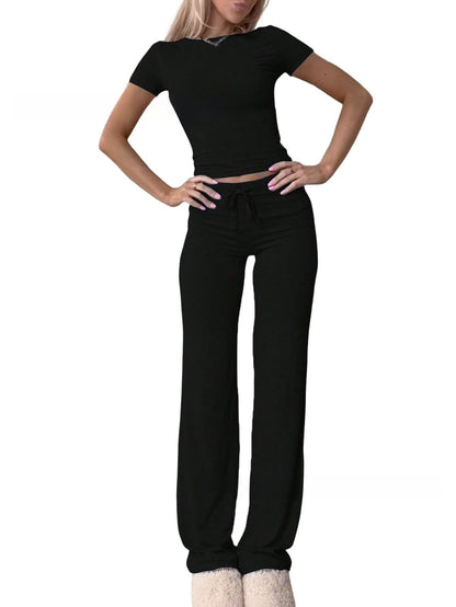 Knit Crop Tee & Drawstring Pants Two-Piece Set