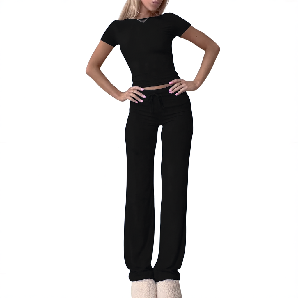 Knit Crop Tee & Drawstring Pants Two-Piece Set