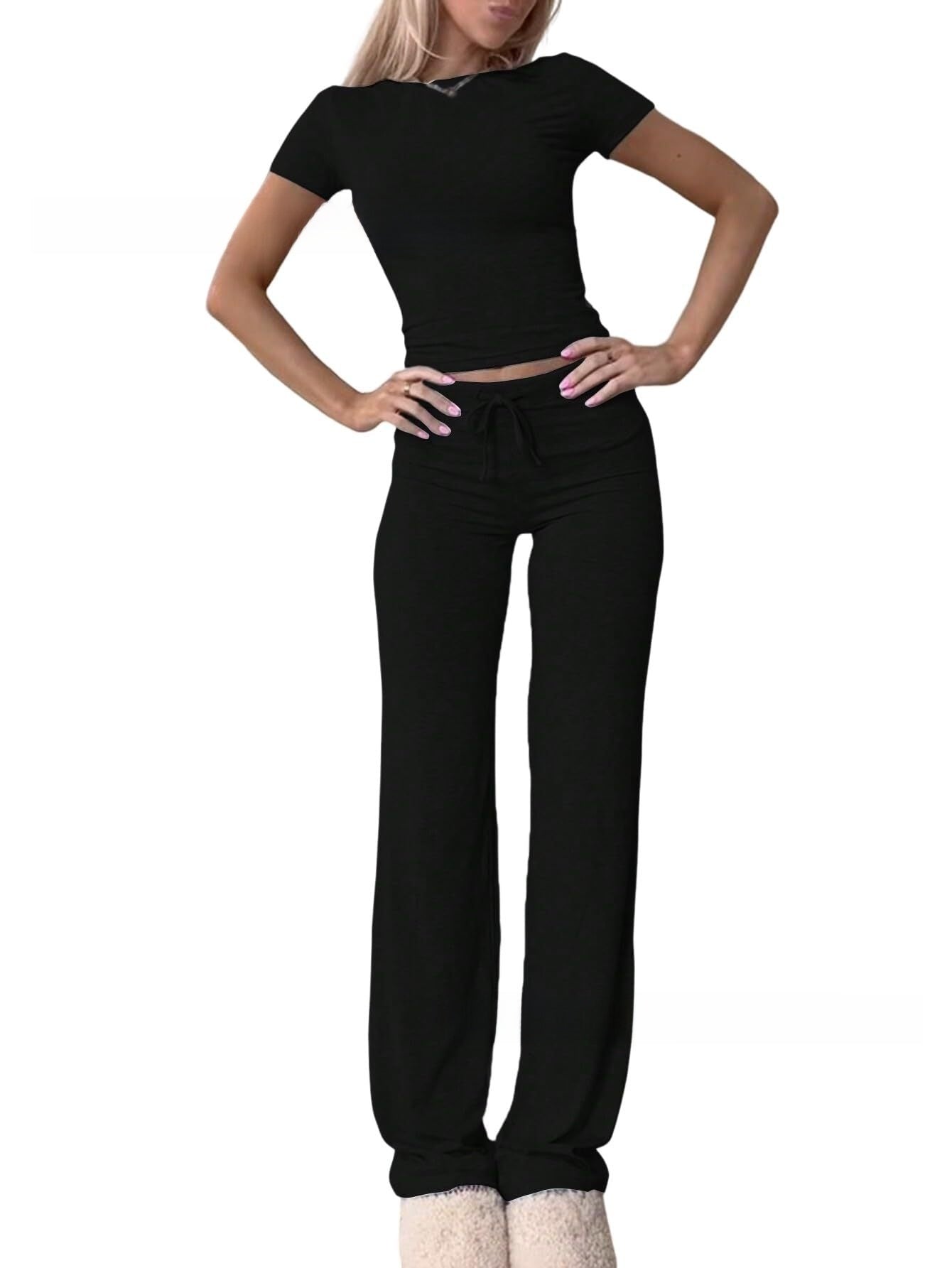 Knit Crop Tee & Drawstring Pants Two-Piece Set