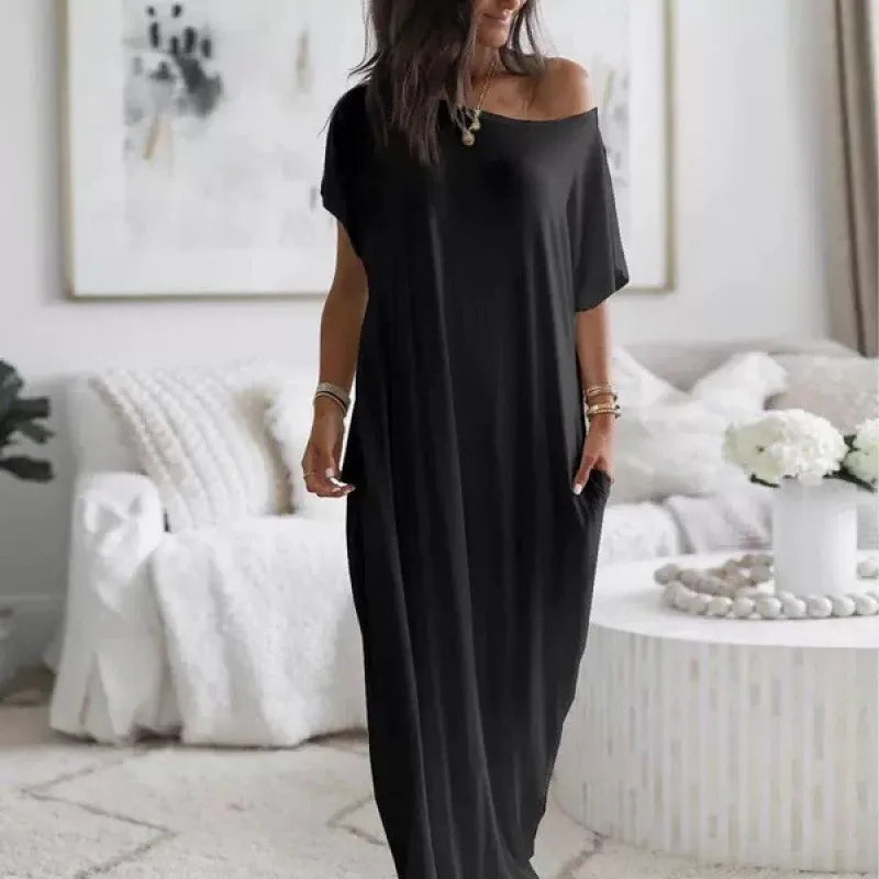 Women'S off Shoulder Loose Slimming Extra Long Maxi Dress Comfortable Breathable Versatile Commute Lazy Style Floor Length Dress