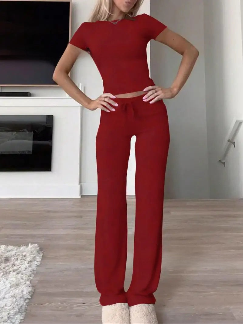 Knit Crop Tee & Drawstring Pants Two-Piece Set