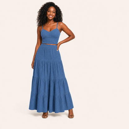 Dusty blue two-piece A-line set, cropped ribbed cami top and tiered maxi skirt, front view