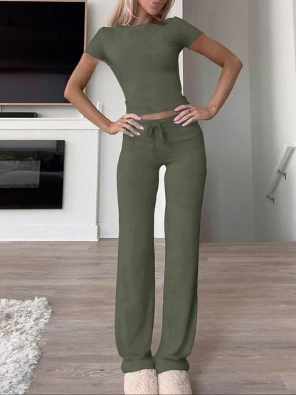 Knit Crop Tee & Drawstring Pants Two-Piece Set