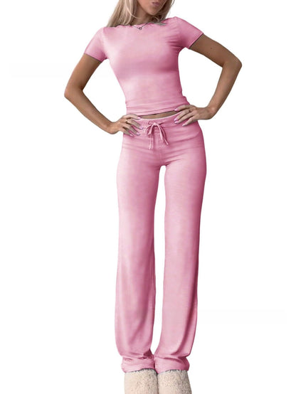 Knit Crop Tee & Drawstring Pants Two-Piece Set