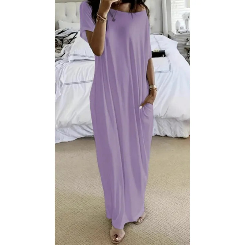 Women'S off Shoulder Loose Slimming Extra Long Maxi Dress Comfortable Breathable Versatile Commute Lazy Style Floor Length Dress