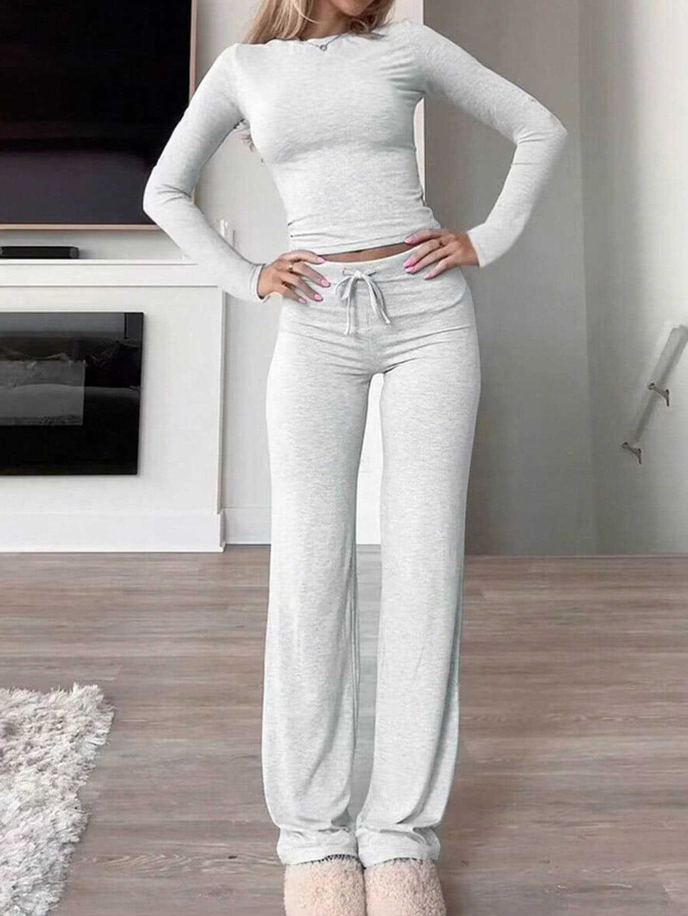 Knit Crop Tee & Drawstring Pants Two-Piece Set