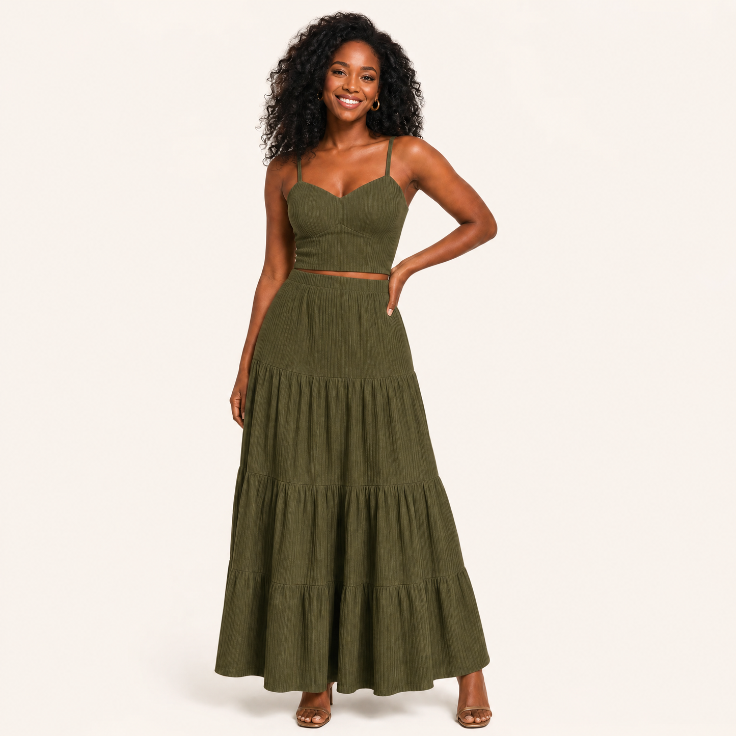Olive green two-piece A-line set, cropped ribbed cami top and tiered maxi skirt, front view
