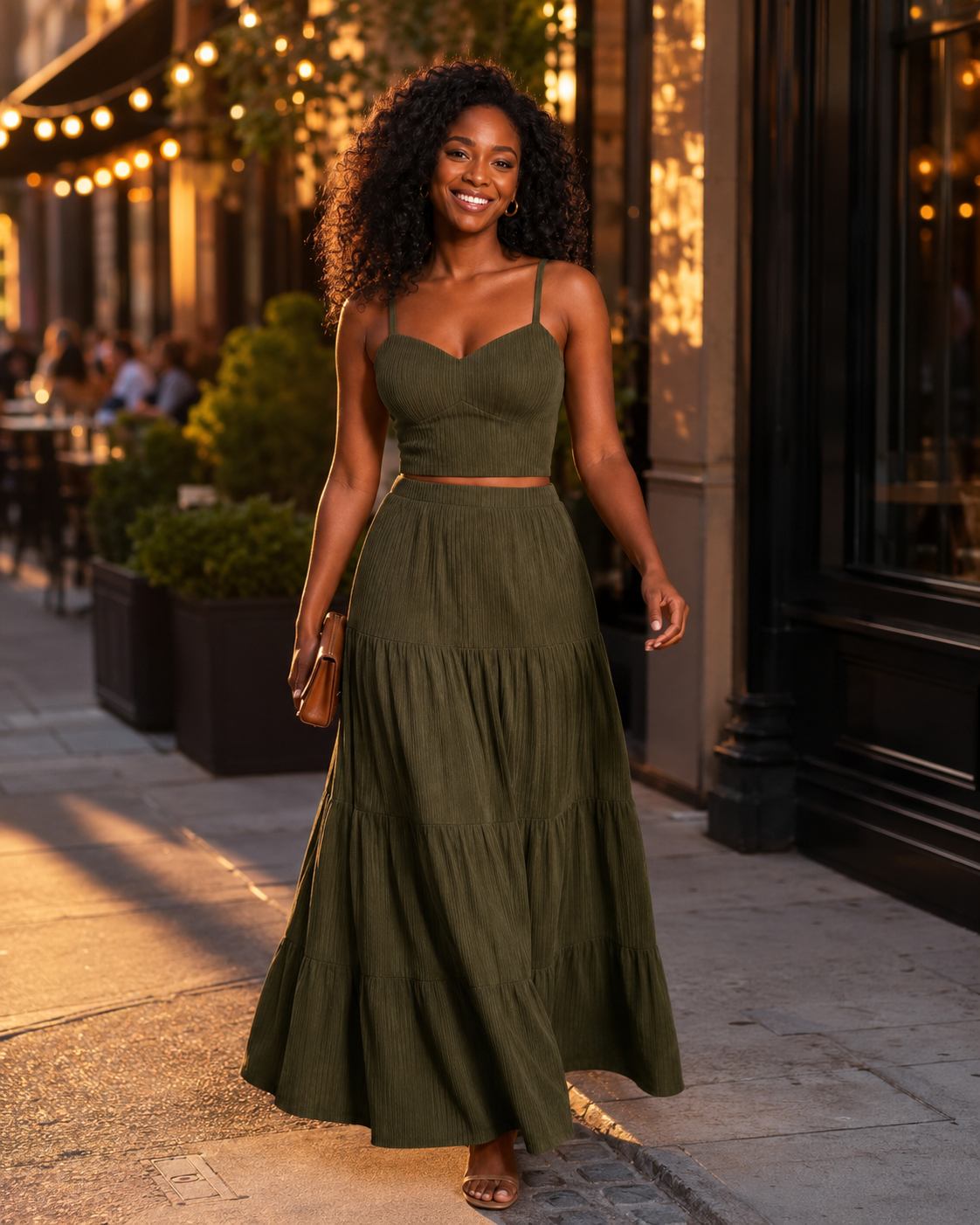 Woman wearing the olive green ribbed cami top and tiered maxi skirt set on a city sidewalk at golden hour, evening look