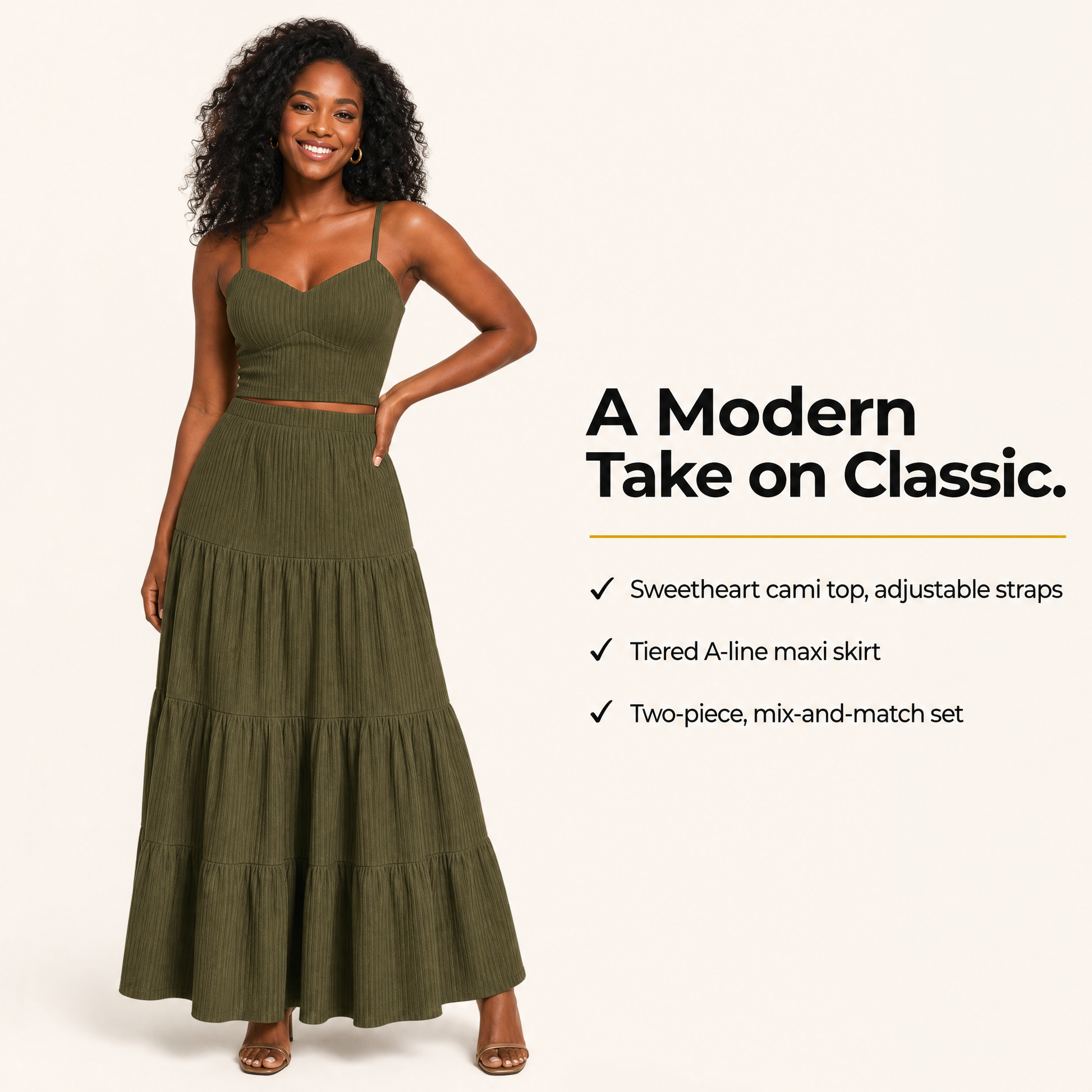 Two-piece dress set with sweetheart neckline and tiered A-line maxi skirt, feature callouts