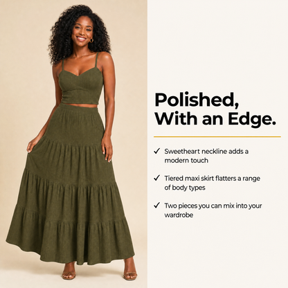 Olive green two-piece set styled for a polished, modern look
