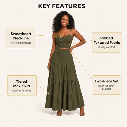 Key features of the two-piece A-line set: cropped cami top, ribbed textured fabric, tiered maxi skirt