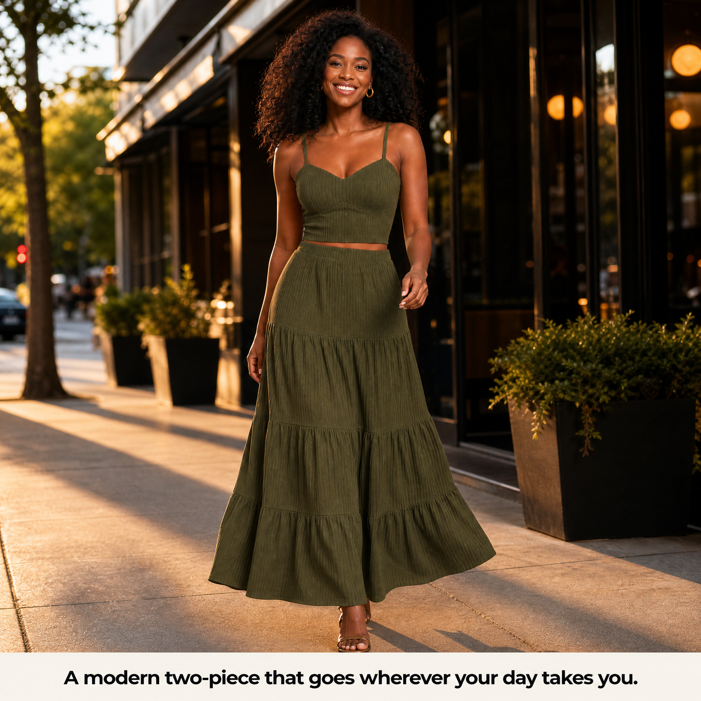Woman in olive green two-piece maxi skirt set walking down a city sidewalk at sunset