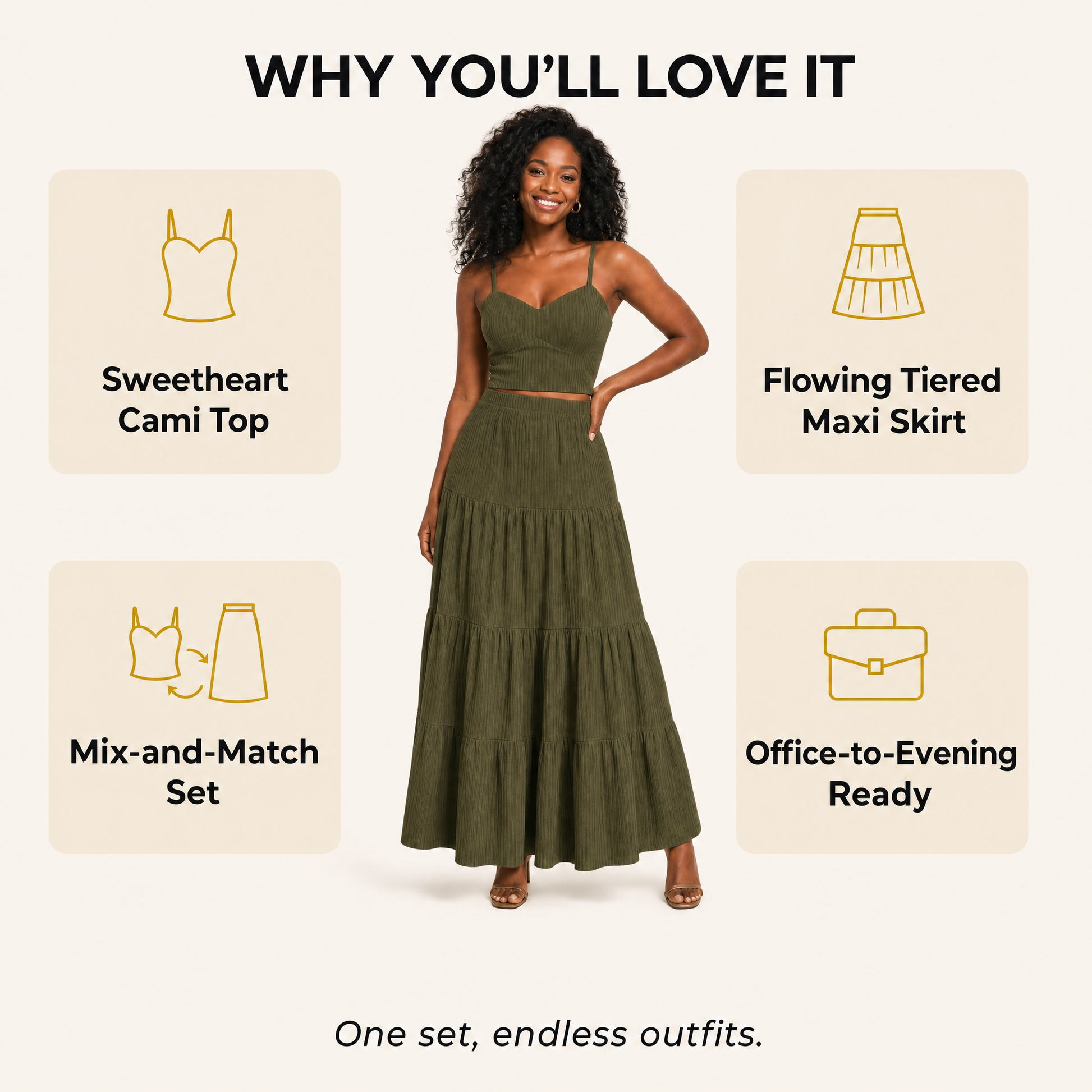 Four reasons to love the set: sweetheart cami top, flowing tiered maxi skirt, mix-and-match styling, office-to-evening versatility