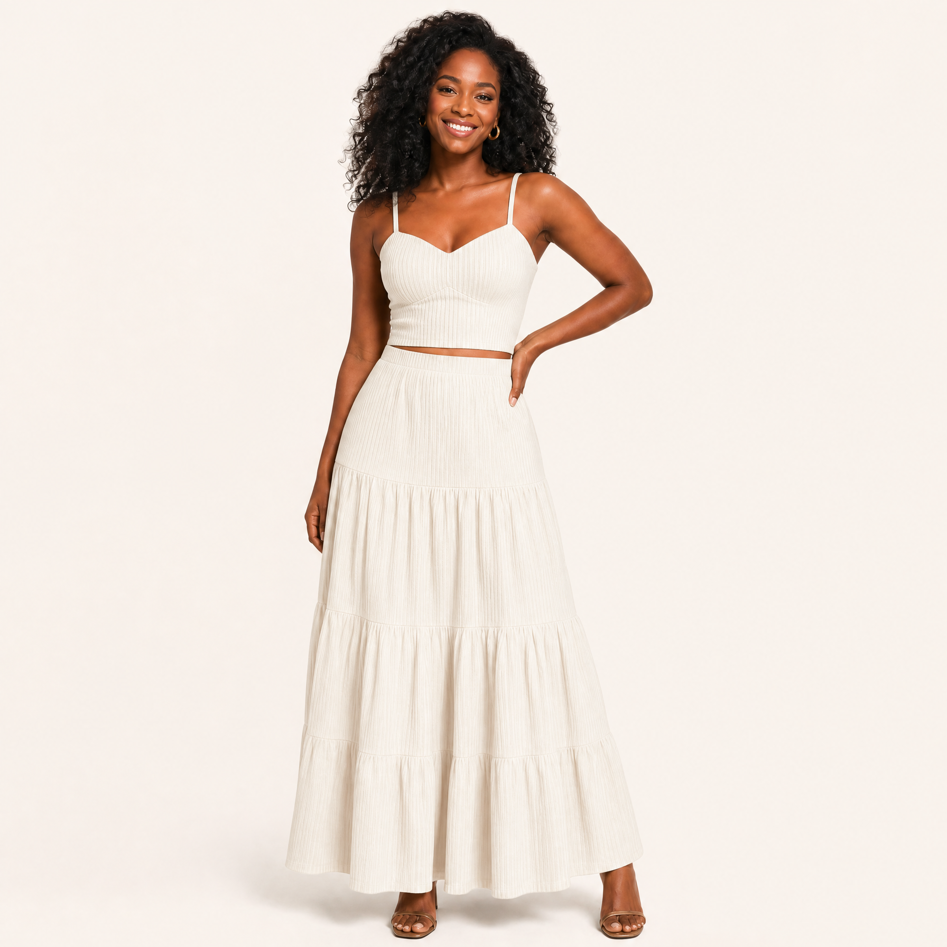 Oatmeal two-piece A-line set, cropped ribbed cami top and tiered maxi skirt, front view
